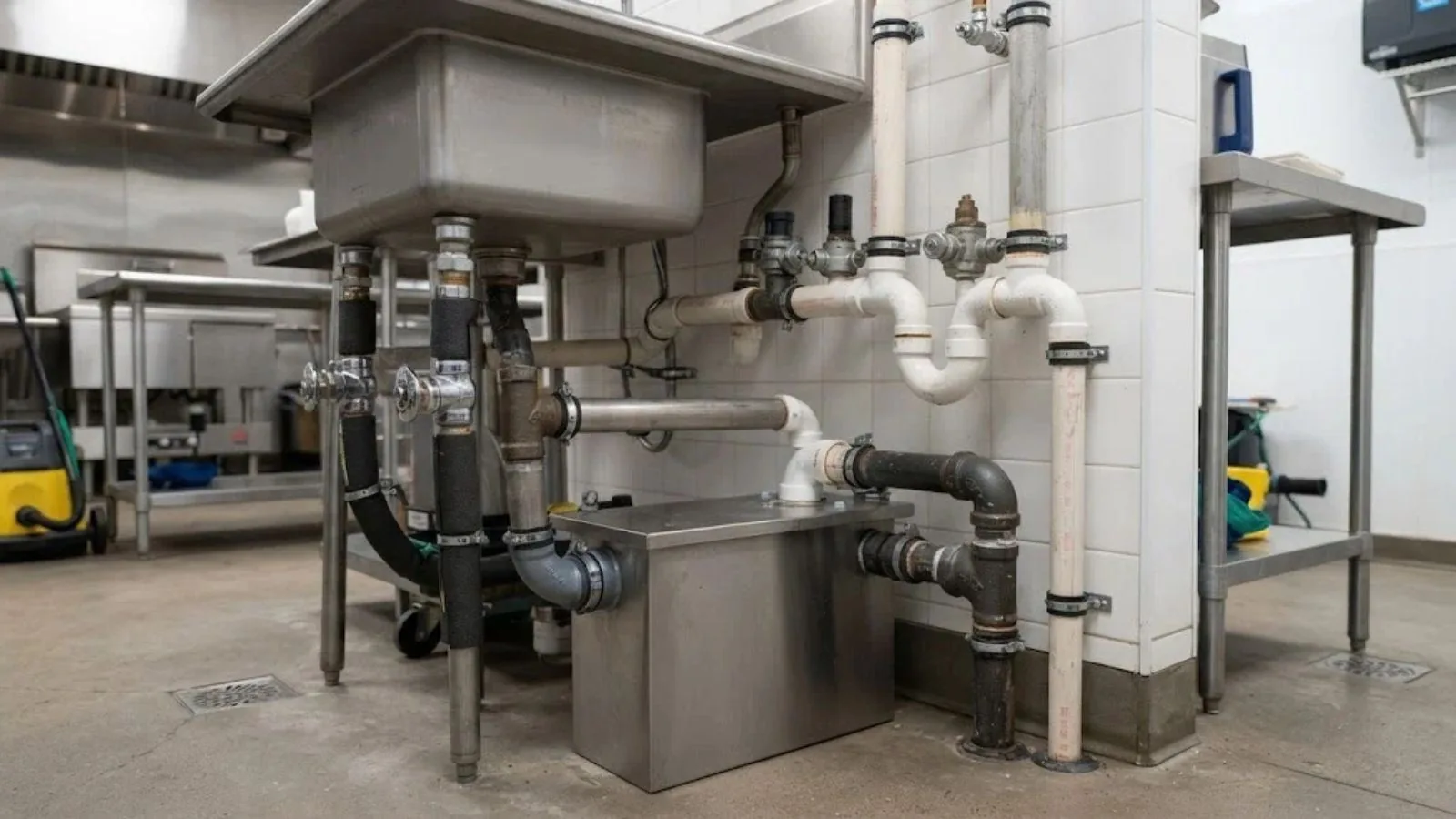 Grease interceptor and piping in a commercial kitchen