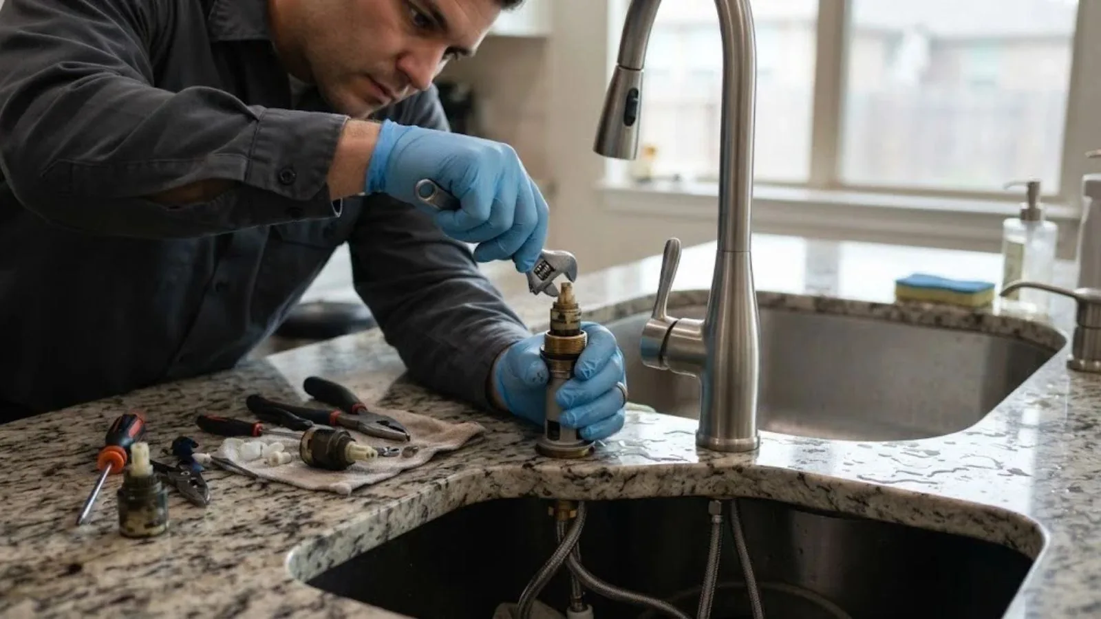 Technician in gloves replacing a faucet cartridge at a kitchen sink