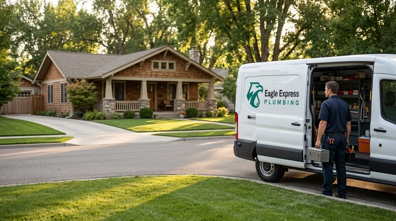 Eagle Express Plumbing van parked on a residential street in Eagle, Idaho