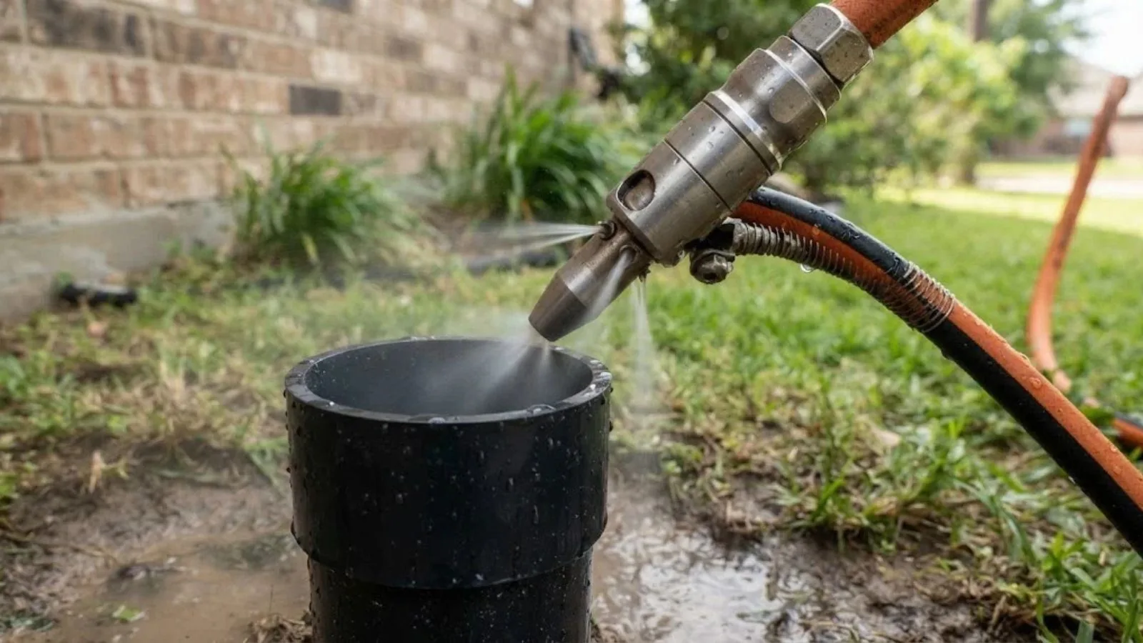 Hydro jetting nozzle spraying inside a yard cleanout pipe