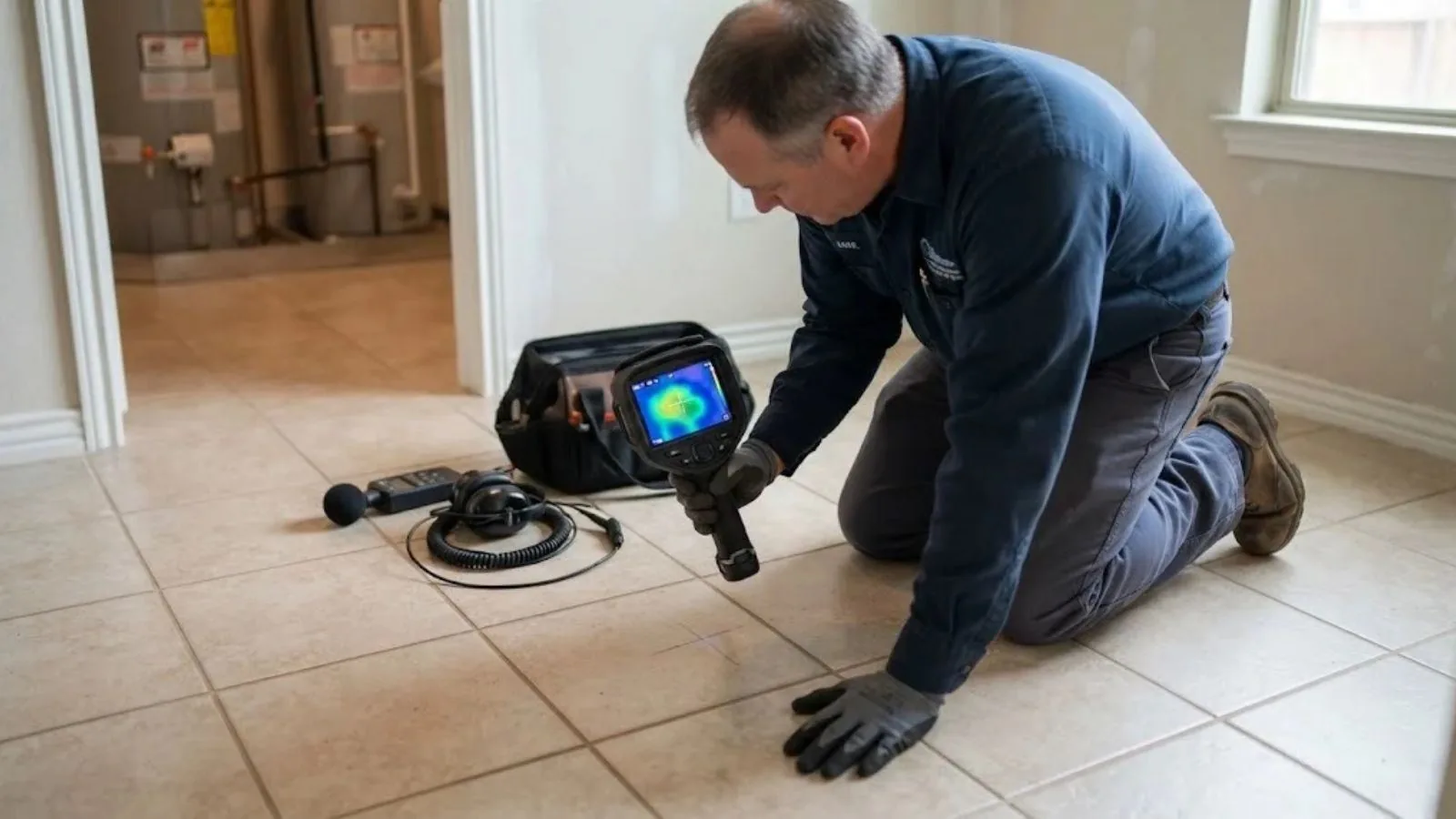 Technician using a thermal camera to locate a hidden leak on a tile floor
