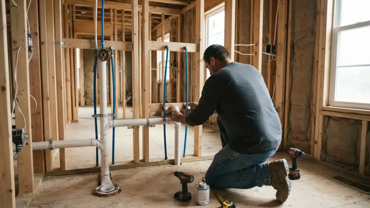 Plumber installing supply and drain lines in open wall framing