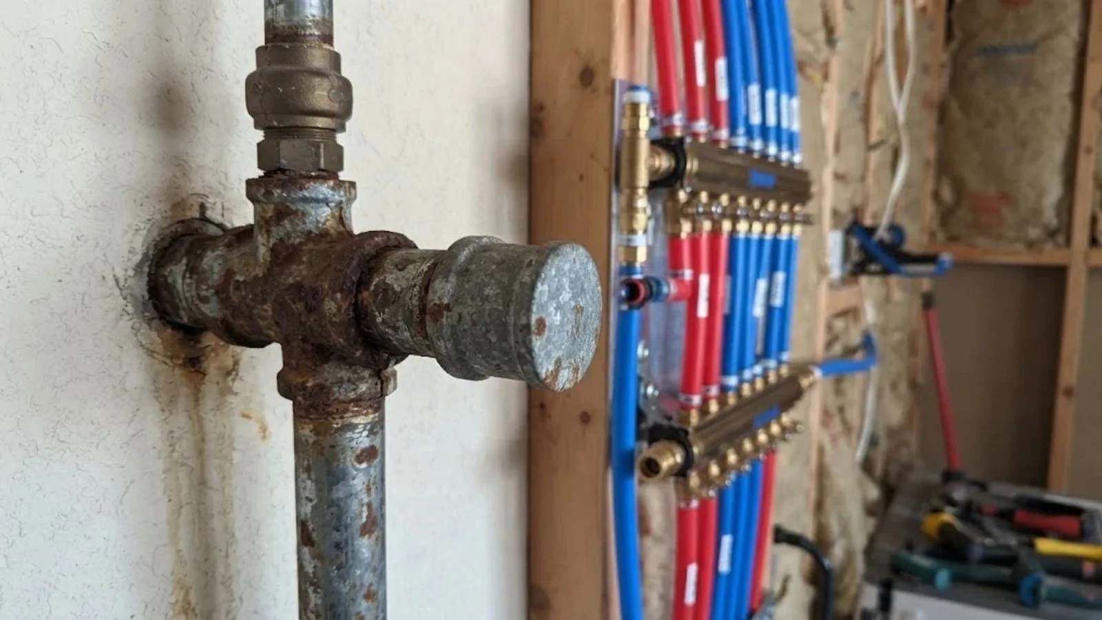 Corroded galvanized pipe next to new PEX lines in an open wall