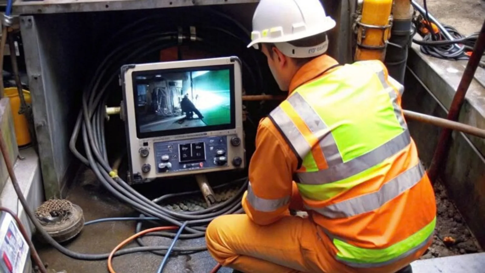 Technician running a sewer camera with a monitor at an access point