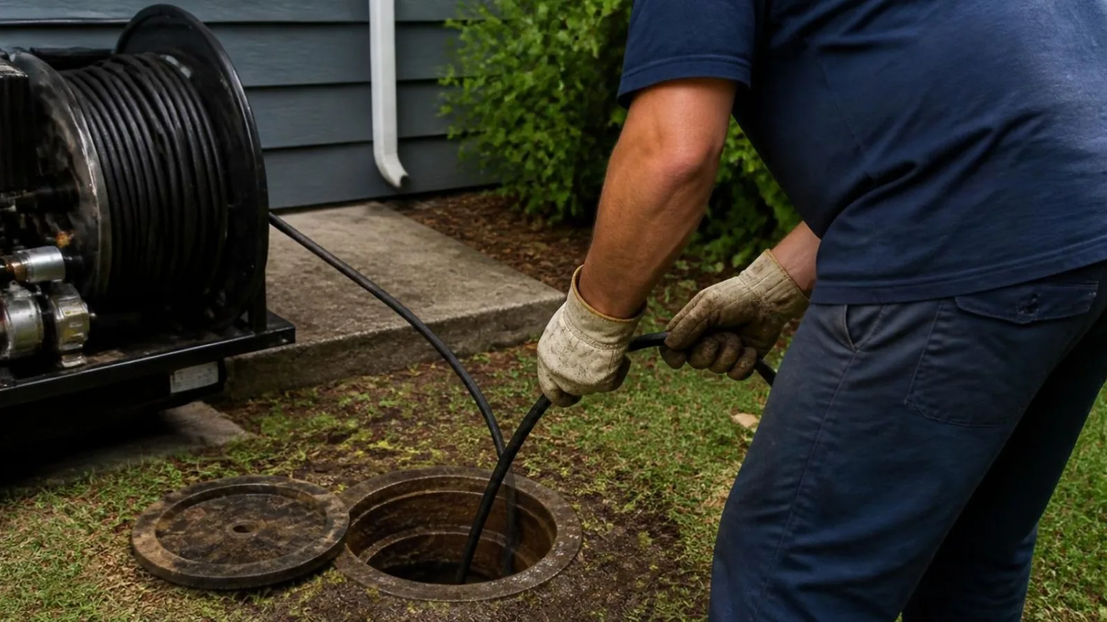 Plumber feeding a drain cable machine into a yard cleanout