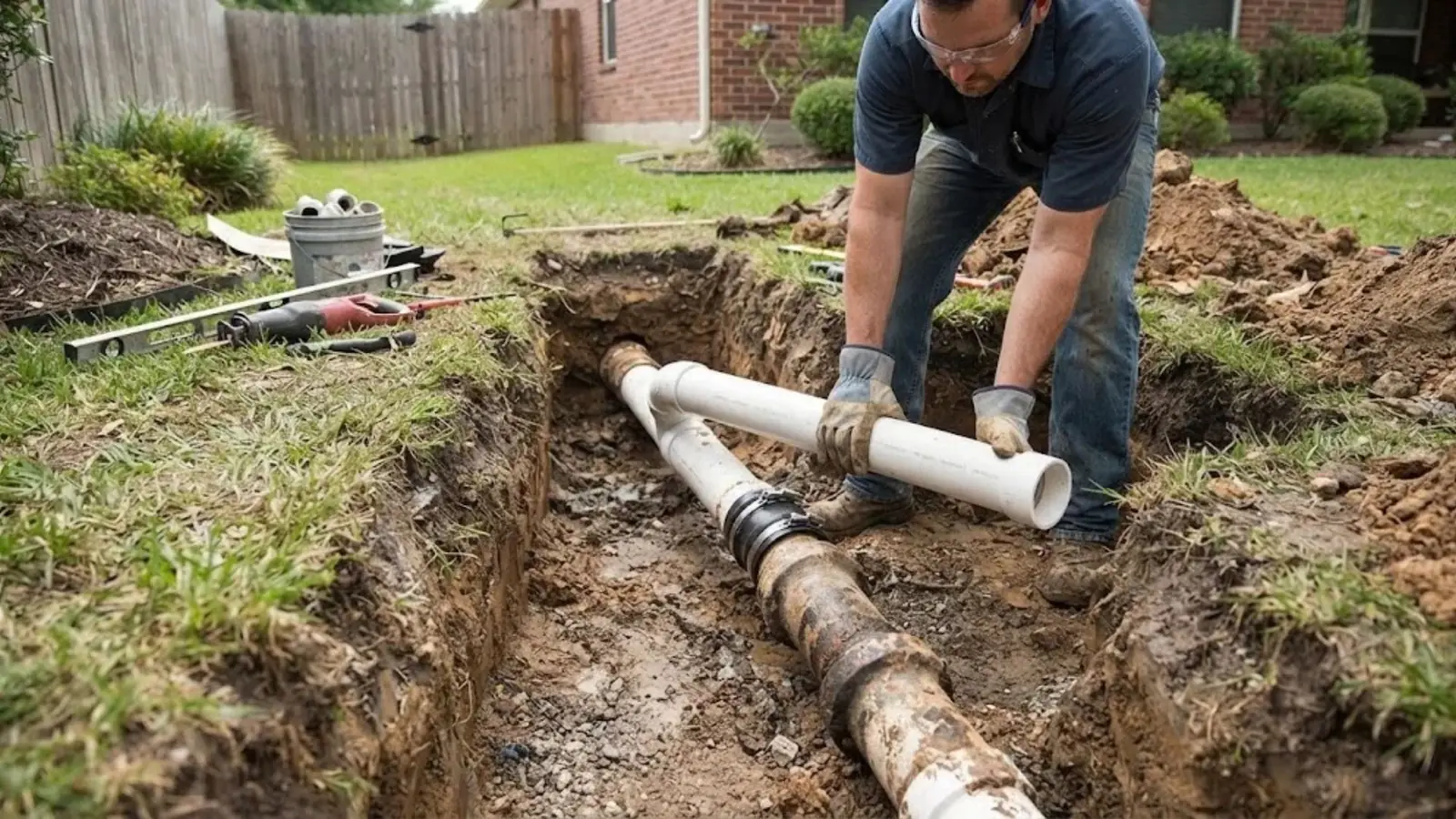 Plumber setting a new sewer pipe section in an open yard trench