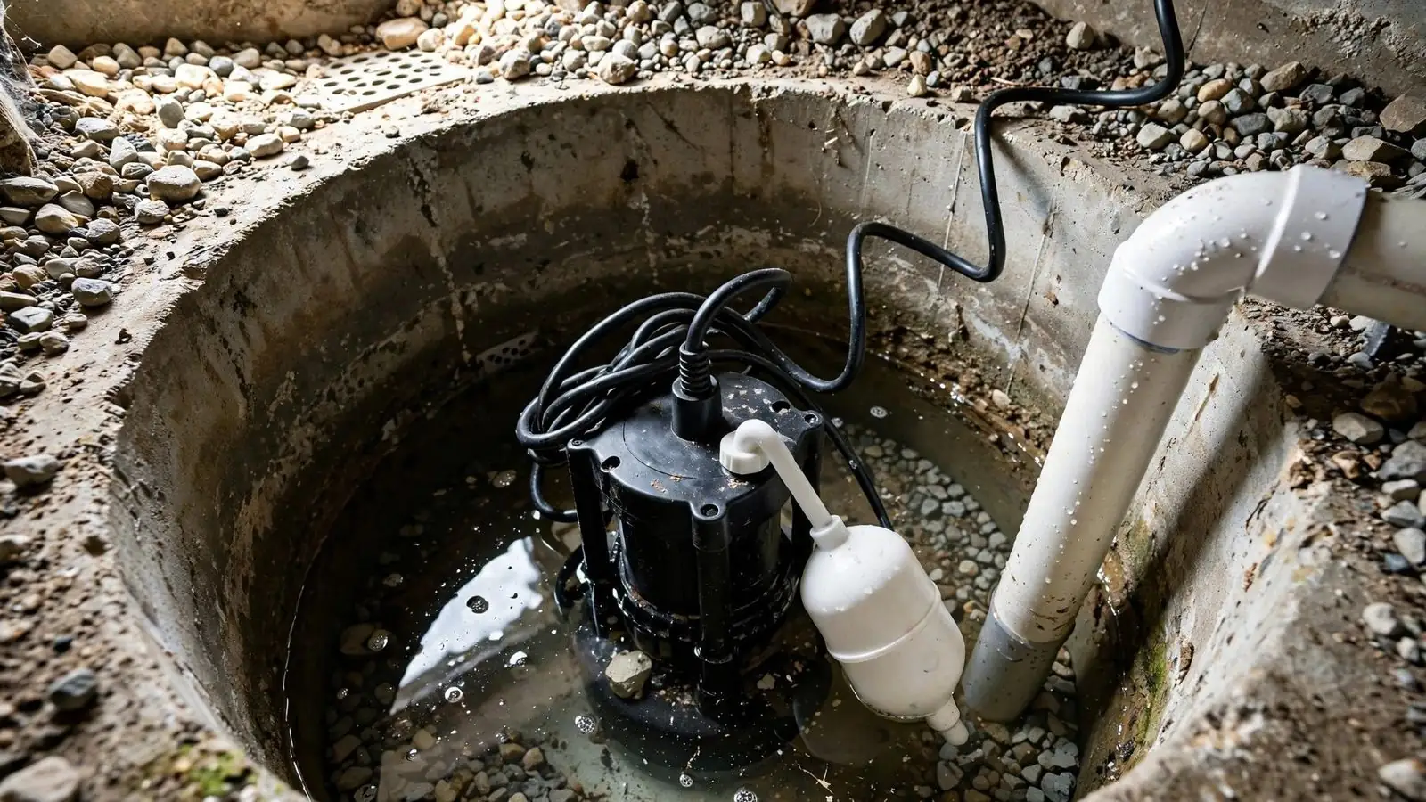 Submersible sump pump with discharge pipe in a basement pit