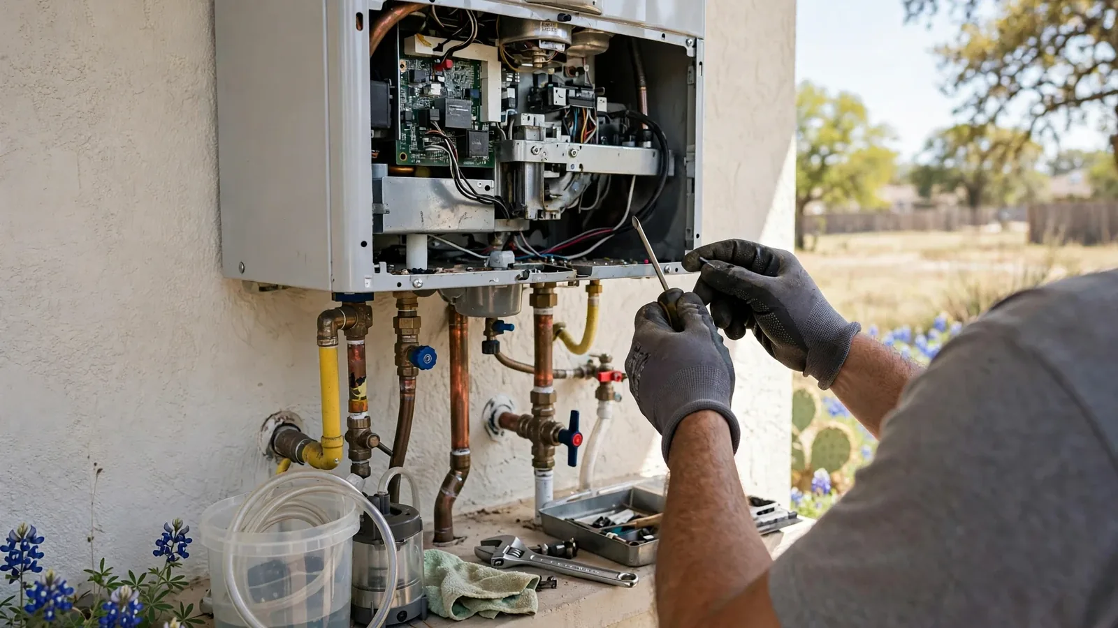 Technician servicing a wall-mounted tankless water heater with its panel open