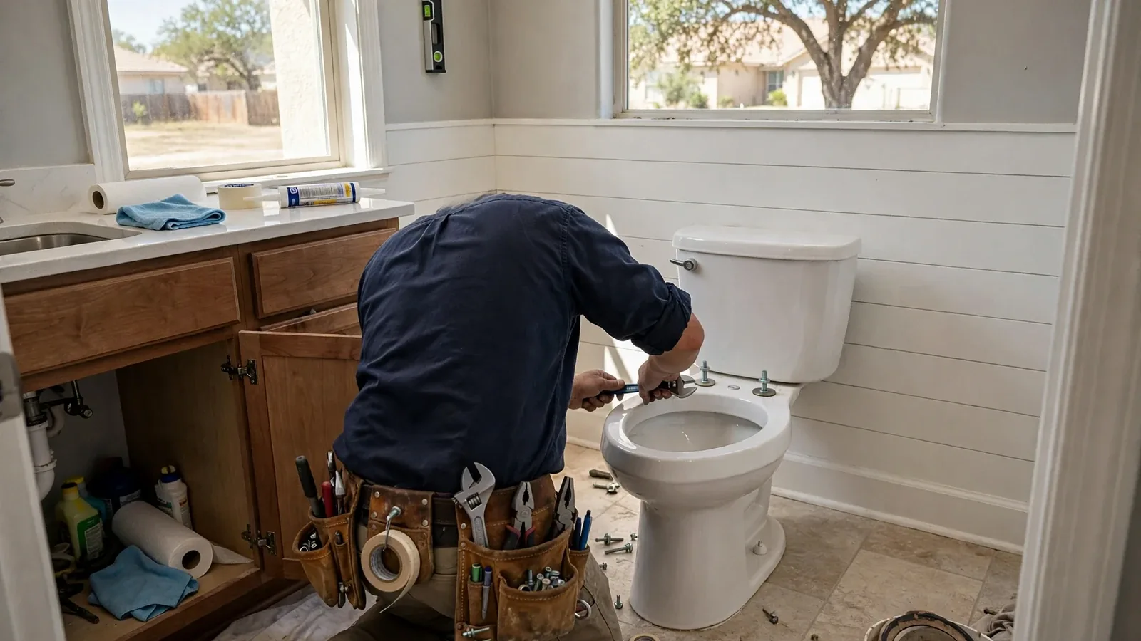 Plumber repairing a toilet in a bathroom
