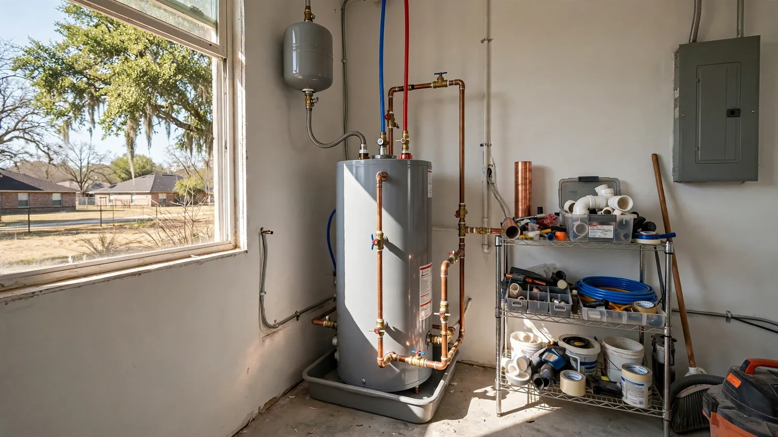 Newly installed tank water heater with an expansion tank and copper lines