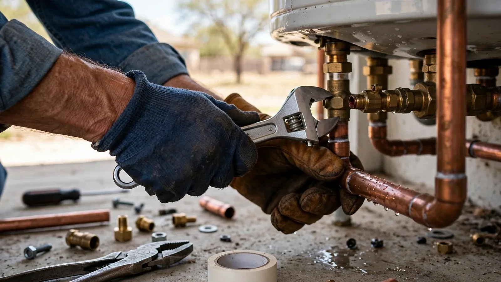 Gloved hands tightening copper fittings on a water heater