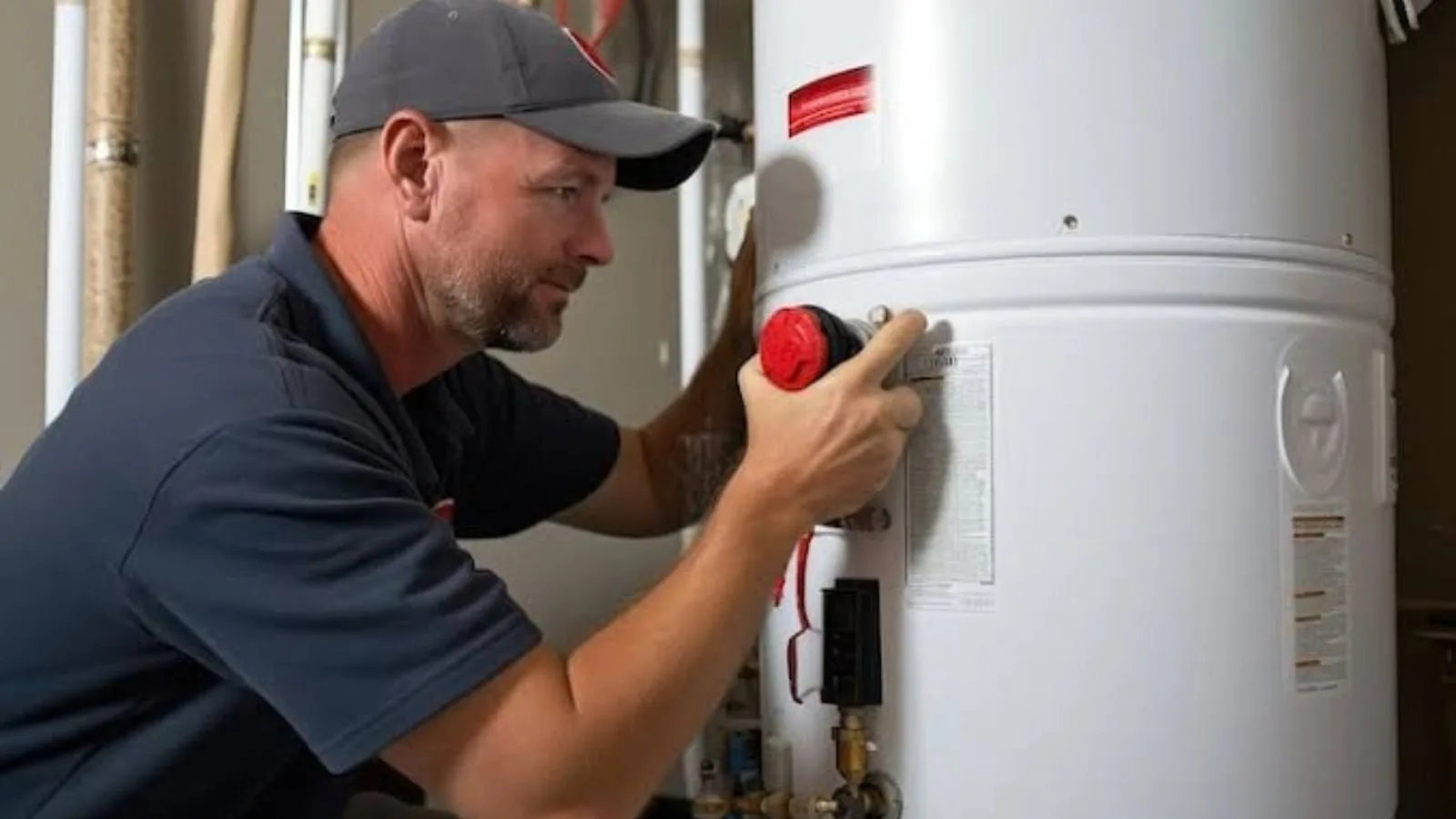 Plumber adjusting a tank water heater during a replacement