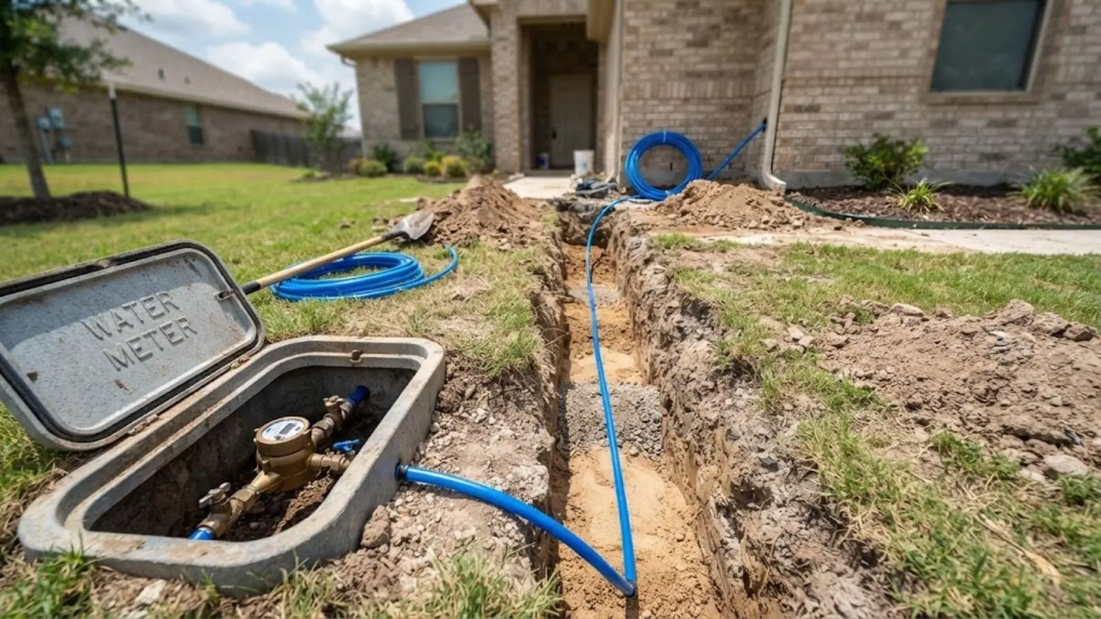 Water meter box beside a trench with a new blue water line in a front yard