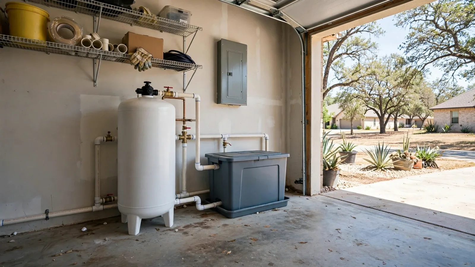 Water softener and tank installed in a garage